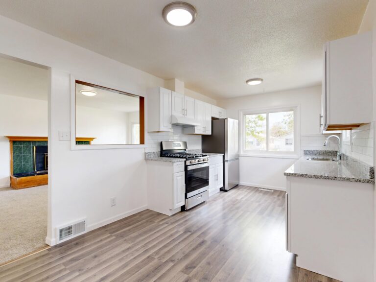 Modern kitchen with white cabinetry, granite countertops, stainless steel appliances, and grey wood-look flooring.